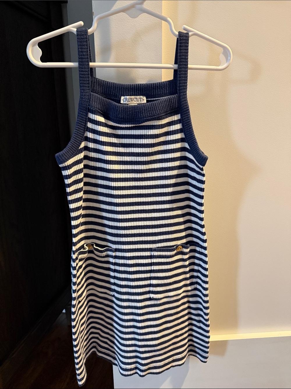 Crewcuts Navy & White Striped Ribbed Tank Dress with Pocket Buttons
